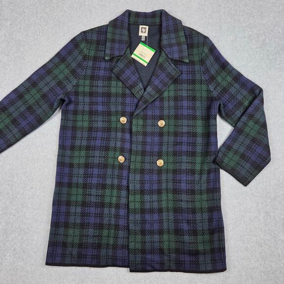 NWT Anne Klein Womens Large Plaid Open Front Cardigan Sweater Navy Green - Picture 5 of 12